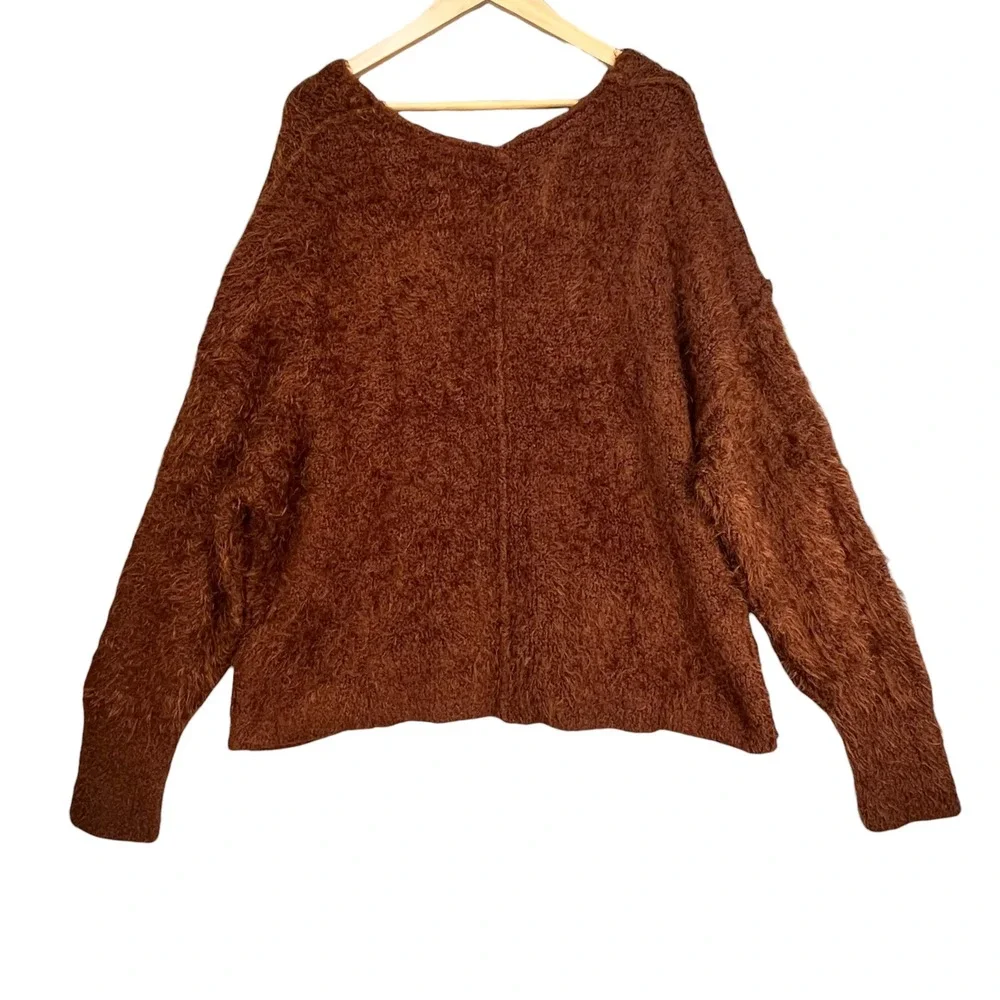 Free People Fuzzy Knit Sweater‎ Brown Slouchy Cozy Boho Pullover M